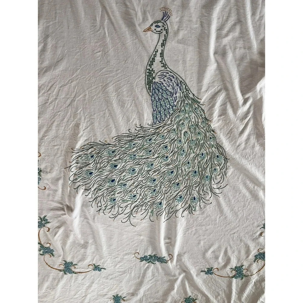 VTG Embroidered Peacock Coverlet Beadspread‎ 78x98